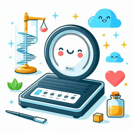 Cute cartoon style vector illustration of a weight scale with a smiley face.のイラスト素材