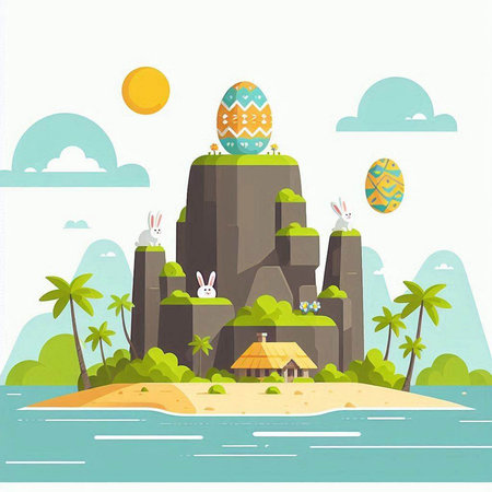 Easter bunny and eggs on the island. Flat style vector illustration.のイラスト素材