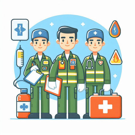 Medical staff in uniform with first aid kit. Vector illustration in flat styleのイラスト素材