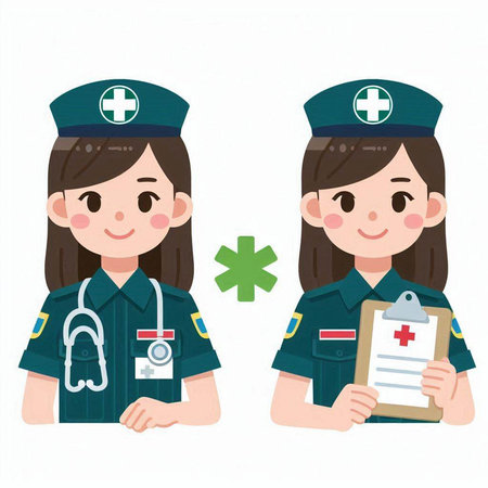 Female nurse and doctor with first aid kit on white background, vector illustration.のイラスト素材
