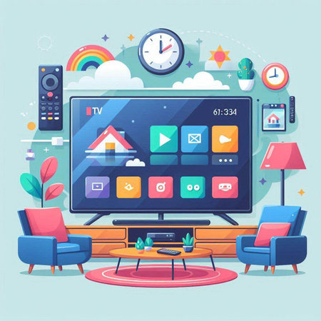 Modern flat design vector illustration concept of living room interior with TV, sofa, armchair, coffee table, clock, home stereo, computer monitor.のイラスト素材