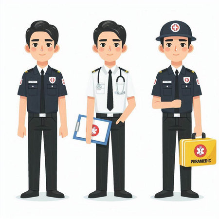 Police officer, paramedic, paramedic, first aid kit. Vector illustration.のイラスト素材