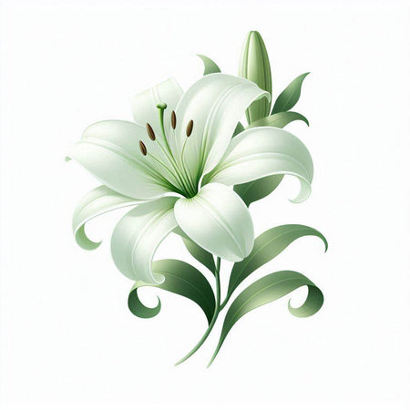 White lily with green leaves isolated on white background. Vector illustration.のイラスト素材
