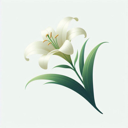 White lily with green leaves on a white background. Vector illustration.のイラスト素材