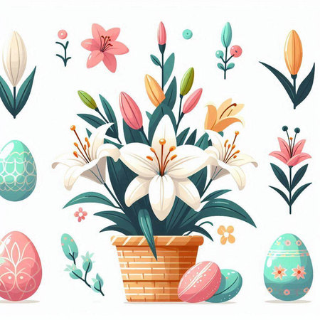 Easter background with flowers and eggs. Vector illustration in cartoon style.のイラスト素材