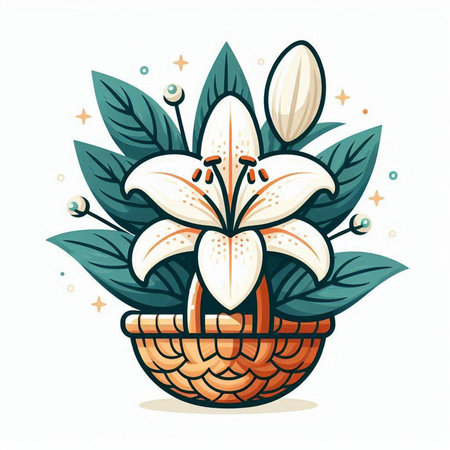 Basket with white lily flowers and leaves. Vector illustration.のイラスト素材