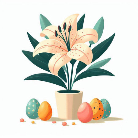 Easter eggs and lily flower in pot. Vector illustration.のイラスト素材