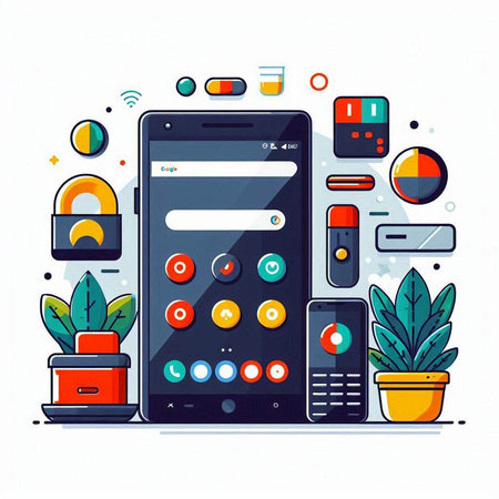 Vector illustration of modern flat design concept of online security. Smartphone, padlock, keypad, mobile phone, houseplants.のイラスト素材