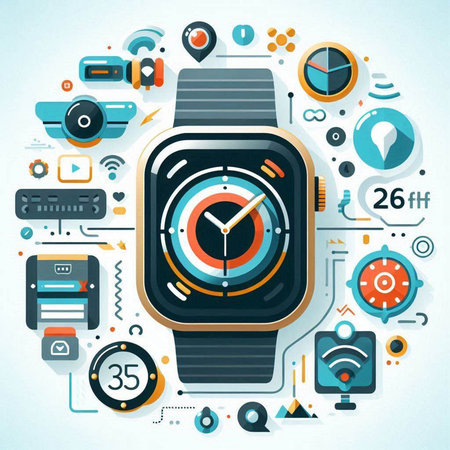 Smart watch with thin line icons on blue background. Vector illustration.のイラスト素材