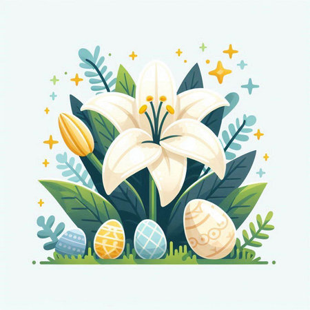 Easter background with white lily and eggs. Vector illustration.のイラスト素材