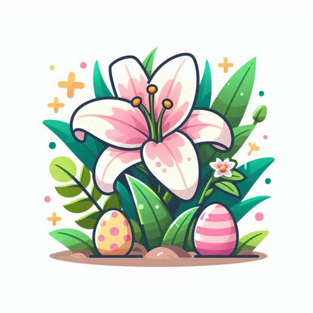 Easter greeting card with lily and eggs. Vector illustration.のイラスト素材