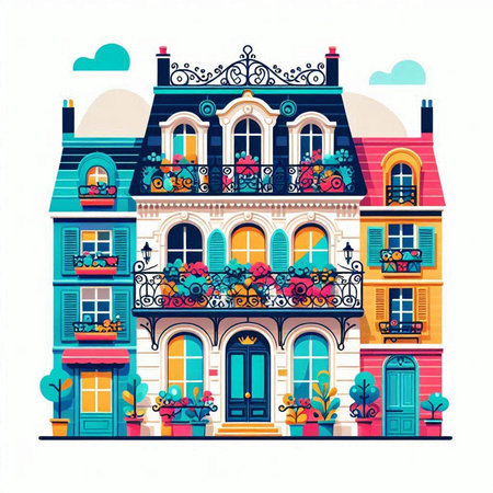 Colorful house facades in Amsterdam, Netherlands. Vector illustration.のイラスト素材