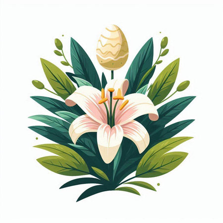 Easter egg and lily flower bouquet. Vector illustration.のイラスト素材