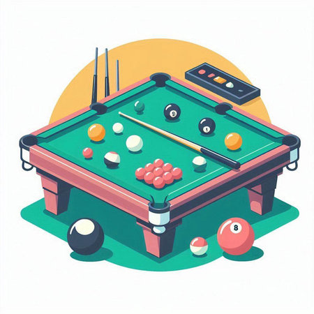 Billiard table with balls, cue and cue. Vector illustration.のイラスト素材