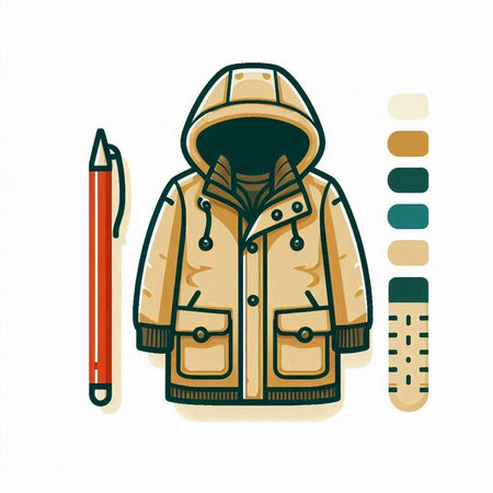Vector illustration of a winter jacket with a cap and a pencil.のイラスト素材