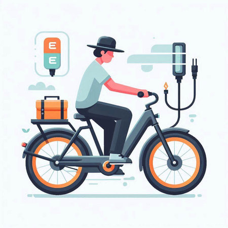 Man in hat riding a bicycle with a suitcase. Vector illustration.のイラスト素材