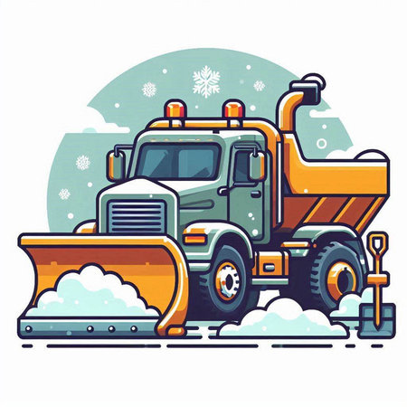 Snow plow and snowflakes. Vector illustration in cartoon style.のイラスト素材