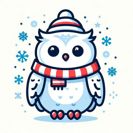 Cute cartoon owl with scarf, hat and snowflakes. Vector illustration.のイラスト素材