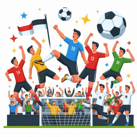 Soccer players in action. Group of soccer players in action, cartoon vector illustrationのイラスト素材