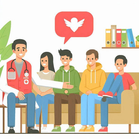 Medical team sitting on sofa and talking with doctor. Flat vector illustration.のイラスト素材
