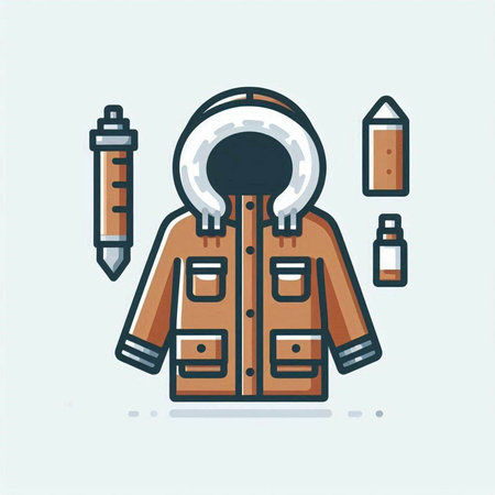 Winter jacket and camping equipment. Vector illustration in thin line style.のイラスト素材