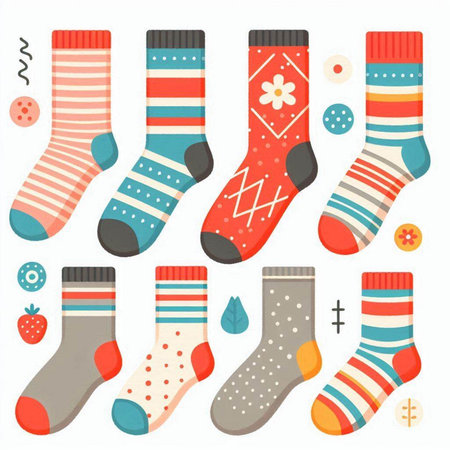 Set of colorful socks with different patterns. Vector illustration in flat style.のイラスト素材