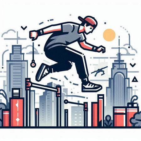 Skateboarder jumping on city background. Vector illustration in line art style.のイラスト素材
