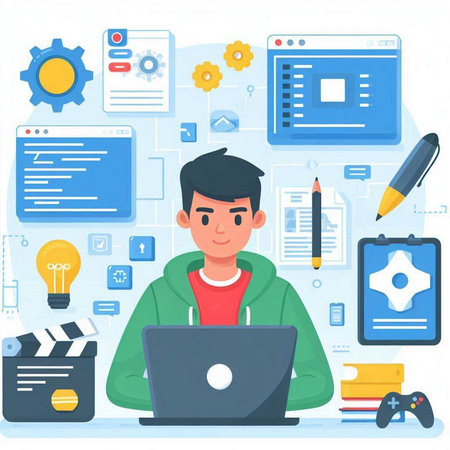 Man working on a laptop. Vector illustration in flat style with icons.のイラスト素材