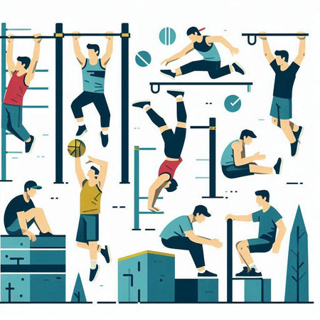 Set of sportsmen doing exercises on horizontal bar. Flat style vector illustration.のイラスト素材