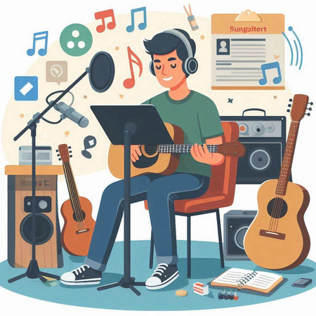 Man in headphones playing guitar and singing at home. Vector illustration in flat styleのイラスト素材