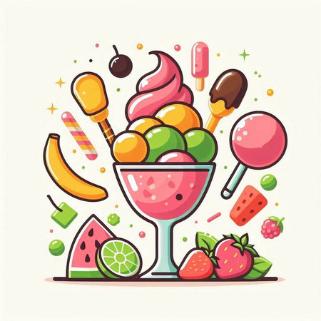 Vector illustration of ice cream with fruits and berries in a glass cup.のイラスト素材