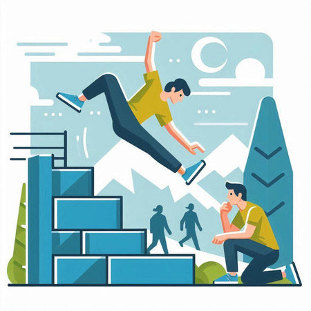 Vector illustration of a man falling from the mountain. Flat style.のイラスト素材