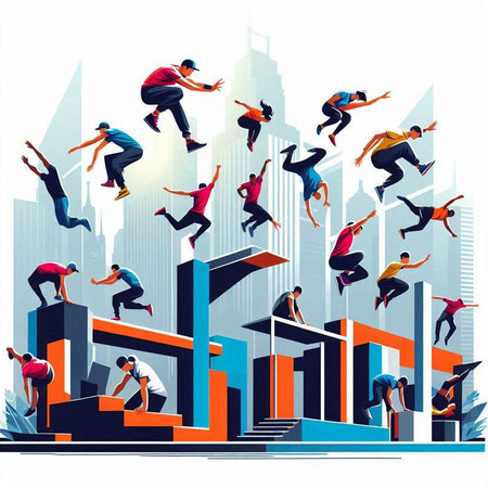 Vector illustration of a group of young people jumping in the city.のイラスト素材