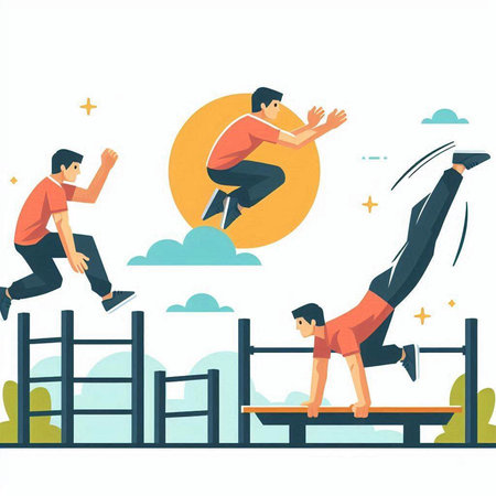 People jumping at the playground, flat vector illustration. Cartoon man and boy having fun in the park.のイラスト素材
