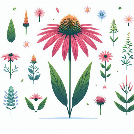 Echinacea flowers with leaves and flowers. Vector illustration in flat style.のイラスト素材