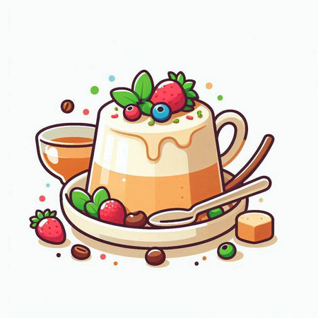 Panna cotta with berries and mint, hand drawn vector illustrationのイラスト素材