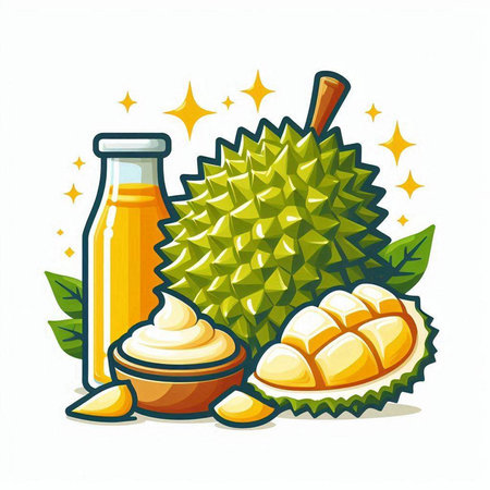 Fresh durian fruit and juice in a bottle, vector illustration.のイラスト素材