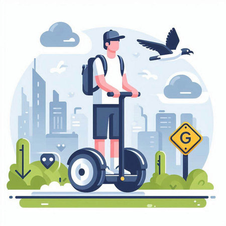 Young man riding electric self-balancing scooter. Flat vector illustration.のイラスト素材