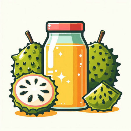 Bottle of Jackfruit juice with whole and cut fruits. Vector illustration.のイラスト素材