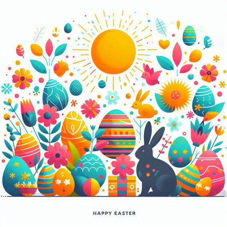 Happy Easter card with colorful eggs, flowers and bunny. Vector illustration.のイラスト素材