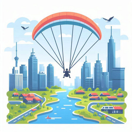 Paraglider flying over the city. Vector illustration in flat styleのイラスト素材