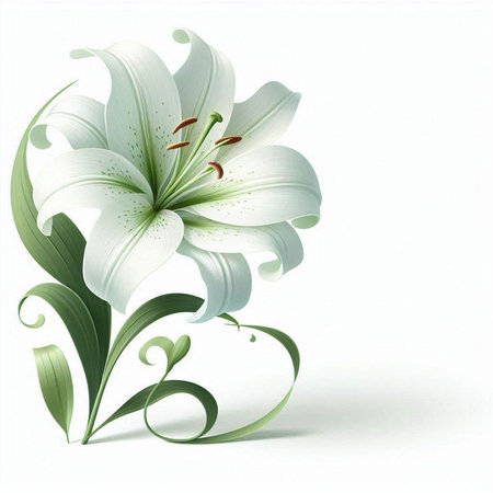White lily with green leaves on white background. Vector illustration.のイラスト素材