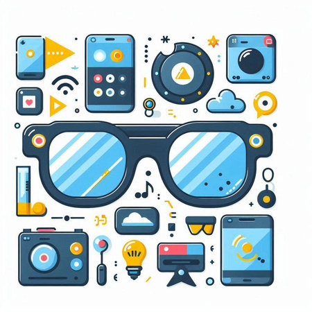 Vector illustration of glasses and gadgets in flat design style. Sunglasses, mobile phone, tablet pc, smartphone, tablet pc, cell phone, photo camera, video camera, lightbulb.のイラスト素材