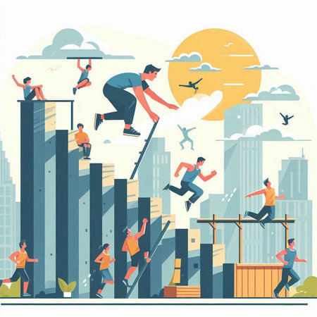 People jump over the gap in the wall. Flat vector illustration.のイラスト素材