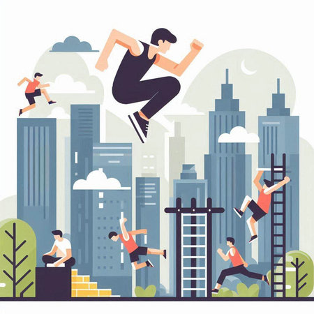 Vector illustration of a group of people jumping in the city. Flat style design.のイラスト素材