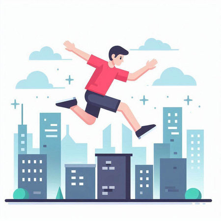 Young man jumping in the city. Vector illustration in flat style.のイラスト素材
