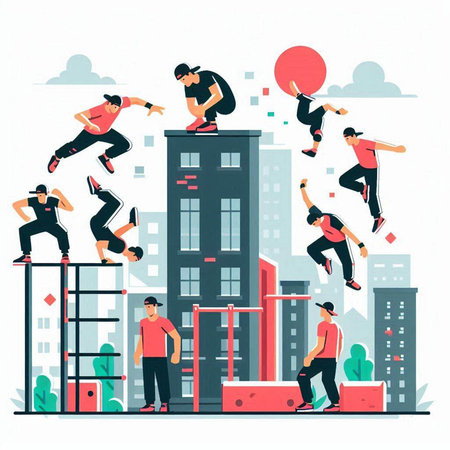 People are jumping in the city. Vector illustration in flat style.のイラスト素材
