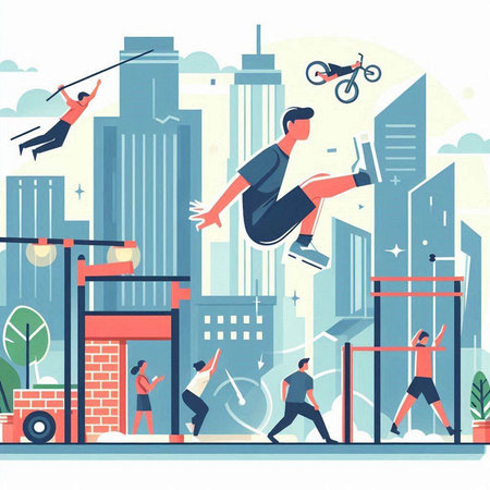 Sportive people jumping in the city. Flat style vector illustration.のイラスト素材