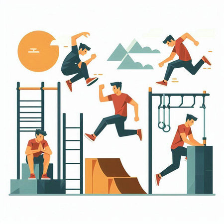 Vector illustration of people jumping over obstacles on playground. Flat style design.のイラスト素材