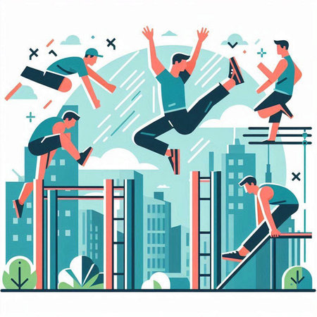 Vector illustration of a group of people jumping over obstacles in the cityのイラスト素材